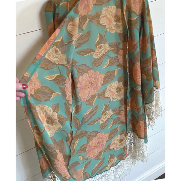 Show Me Your Mumu Floral Kimono Duster Turquoise Coral Lace Fringe Medium - Picture 10 of 12